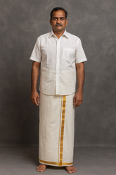 Economy Cotton Dhoti with 1 Inch Gold Zari Kara – Half White