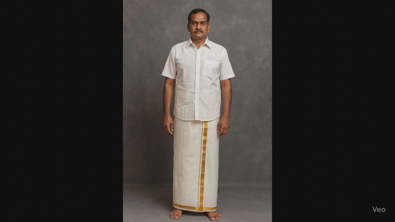 Economy Cotton Dhoti with 1 Inch Gold Zari Kara – Half White